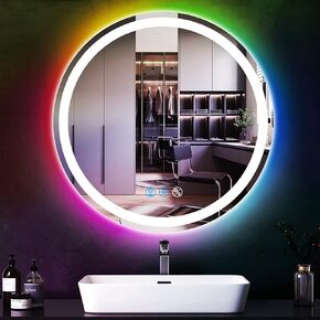 THEKLA 24 Inch Round Led Bathroom Mirror with Lights 3Color Front Light + RGB Rainbow Color Changing Backlit Round Lighted Vanity Mirror for Bathroom Wall Dimmable AntiFog Smart Light up Circle Mirror