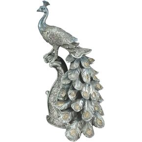 تمثال طاووس مزخرف مقاس 13 بوصة من Comfy Hour - منحوتة بوليريسين فضية زرقاء، ديكور أنيق للطيور للرف أو الطاولة أو عرض غرفة المعيشة in Kuwait
