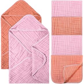VitalCozy 6 Pcs Baby Muslin Hooded Bath Towels and Washcloths, 32 x 32 Inch Muslin Cotton Hooded Baby Towels Blue Green Absorbent Hooded Blankets Newborn Infant Toddler Essentials