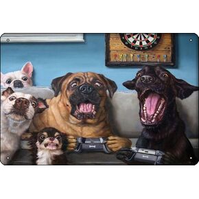 Dogs Playing Video Games Livingroom Pet Portrait Metal Print 8 x 12 Inch Funny Metal Tin Sign Game Room Man Cave Wall Decor