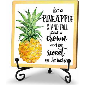 Zmyollo Pineapple Desk Decor Sign, Summer Wooden Sign With Stand, Be A Pineapple Stand Tall Wear A Crown Sign For Room Home Office Shelf Table, Inspirational Gifts For Girl Daughter Friend, C28