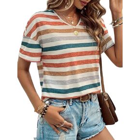 LilyCoco Women's Striped Tops V Neck Short Sleeve T Shirt Basic Summer Tees Rianbow