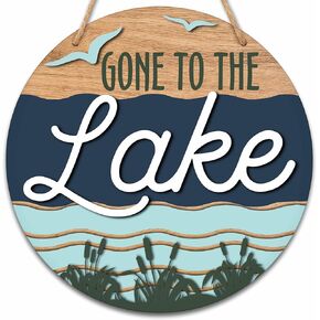 Lake Themed Wooden Signs Wall Decor, Lake House Outdoor Decor, Lake Life Round Hanging Sign With Rope, Rustic Lake Decor For Farmhouse Home Front Door Porch, A02