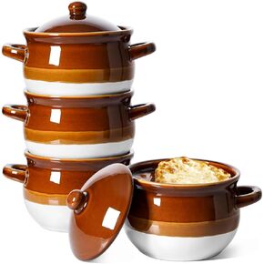LE TAUCI French Onion Soup Bowls with Lid, 22 Oz French Onion Soup Crocks Oven Safe Ceramic Soup Bowls with Handles for Soup, Chili, Beef Stew, Cereal, Pot Pies, Set of 4