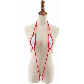 Womens White Sling Shot Micro Bikini Teardrop Thong G-String Red Cord String