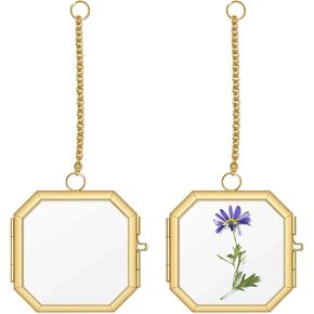 Pressed Flower Frames, 2.3 Inch Mini Hanging Double Glass Picture Frame with Chain Brass Wall Hanging Photo Frames Floating Frame for Pressed Flowers DIY Vintage Home Decor (Gold, 2pcs-Square)