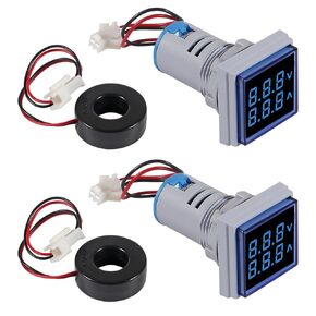 2pcs Blue LED Display Voltmeter, Square Dual Display Voltmeter and Ammeter LED Digital Voltage Gauge AC 60-500V 0-100A Current Meter Indicator
