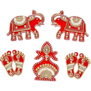 Laxmi Charan Paduka Feet Pagla with Kalash and Elephant Acrylic Rangoli Floor Decorations Item for Indian Traditional Puja Festival Diwali Decorations Entrance Door Home Temple Decor Gift(Red)