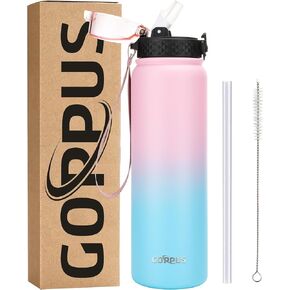 GOPPUS 32 oz Sports Water Bottle 1 Liter Double Wall Insulated Stainless Steel Water Bottles with Straw Lid Reusable Leak proof Metal water bottles with Strap Handle(Pink Purple 1 lid)
