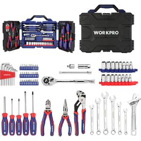 WORKPRO 87 Piece Household Hand Tool Kit, General Auto Repair Tool Set with Pliers, Screwdrivers, Sockets, Wrenches and Toolbox Storage Case, Mechanic Tool Set for Homeowner, Diyer, Handyman