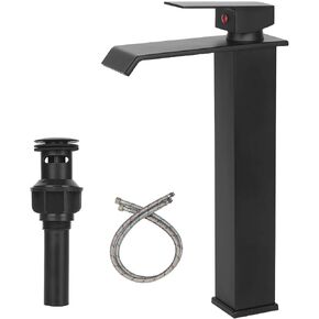 Matte Black Vessel Sink Faucet for Sink 1 Hole Single Handle Deck Mount Bathroom Sink Faucet Bowl Sink Mixer Tap with Pop Up Drain Combo Vanity RV Bar Sink Faucet