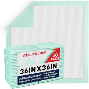 Extra Large Incontinence Bed Pads 36x36 Inches (Pack of 50), Super Absorbent Disposable Underpads for Surface Protection, Thick Quilted Chucks Pee Pads for Adults, Kids and Babies, Green