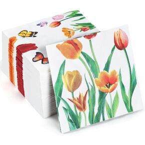 100 Pack Tulip Floral Guest Hand Towels Disposable for Bathroom, Floral Paper Napkins Decorative Spring Flowers Napkins for Bathroom Toilet Powder Room Holiday Wedding Bridal Shower (Inches, 7.8*4.3)