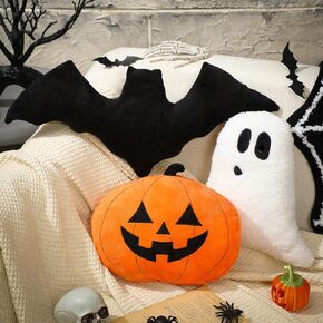 Huwena 3 Pcs Happy Halloween Pillow Pumpkin Ghost Bat Shaped Throw Pillow Crystal Velvet Wool Decorative Pillow Cute Pillow for Couch Sofa Bed Decoration