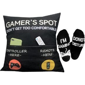 Gamer Gifts, Pocket Design Throw Pillow Covers 18 x 18 Inch + Gamer Socks, Gaming Room Décor Stocking Stuffers Easter Basket Stuffers for Teen Boys Girls Men Father Boyfriends