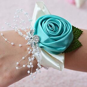 2pcs Package Wedding Prom Party Satin Rose Wrist Corsage Flower w/Pearl Rhinestone Fabric Leaves Ornament Wirstband (Royal Blue)