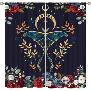 Moth Blackout Curtains Vintage Moth Moon Tarot Hippie Divination Leaves Boho Home Window Treatments Bedroom Living Room Kitchen Rod Pocket Drapes42x45in