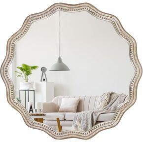 24" Round Wooden Wall Mirror,Rustic Circle Mirrors,Farmhouse Mirror with Beaded for Wall,Boho Decorative Mirror,Nature Vanity Accent Distressed Mirrors for Bathroom,Bedroom, Living Room,Entryway