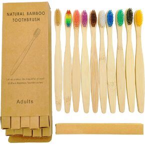 Bamboo Toothbrushes (10 Pack) | BPA Free Soft Bristles Tooth Brush, Eco Friendly Multi-Color Bristle Wood Tooth Brushes Recycled Biodegradable, Soft Natural Charcoal Toothbrush