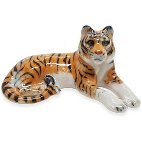 WitnyStore Tiny 1½" Long Lying Bengal Tiger Figurine - Miniature Hand Made Painted Ceramic Tigress Panthera tigris Wild Cat Mammal Forest Animals Porcelain Decorative Collectible Figurines Décor Gifts