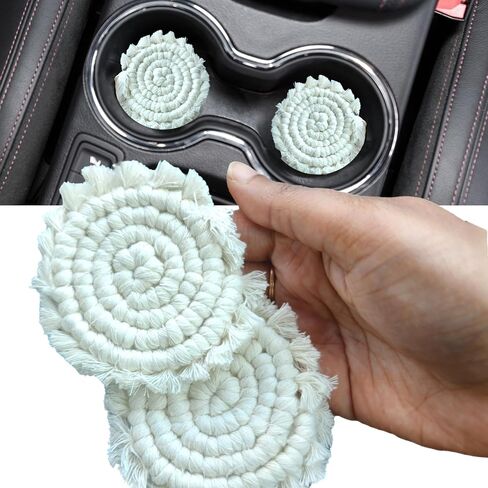 Cotton Car Coasters 2pc Car Cup Coasters Cute car Accessories for Women TIK tok Must Haves 2024 car Coasters for Cup Holders (Cafe Latte) in Saudi Arabia
