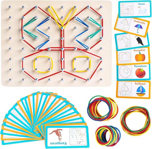 LovesTown Geoboard الخشبية، ألعاب مونتيسوري للأطفال لعبة تعليمية رسومية 9x9 لوحة جغرافية مع أربطة مطاطية دعابة الدماغ للأولاد والبنات in Kuwait