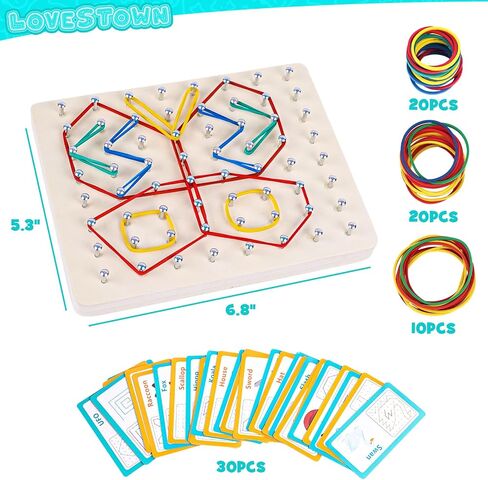 LovesTown Geoboard الخشبية، ألعاب مونتيسوري للأطفال لعبة تعليمية رسومية 9x9 لوحة جغرافية مع أربطة مطاطية دعابة الدماغ للأولاد والبنات in Kuwait
