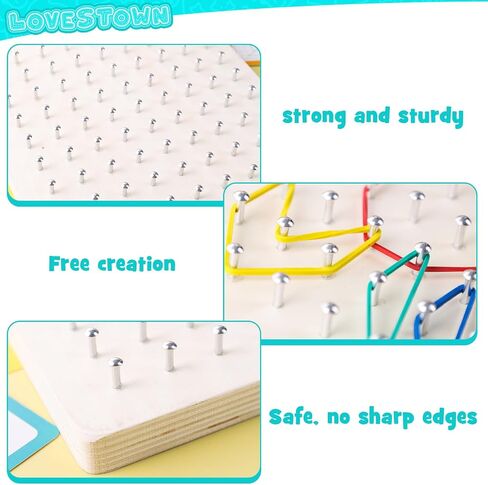 LovesTown Geoboard الخشبية، ألعاب مونتيسوري للأطفال لعبة تعليمية رسومية 9x9 لوحة جغرافية مع أربطة مطاطية دعابة الدماغ للأولاد والبنات in Kuwait