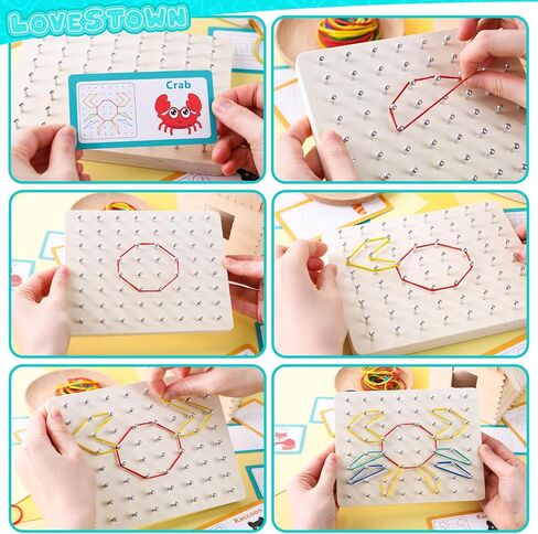 LovesTown Geoboard الخشبية، ألعاب مونتيسوري للأطفال لعبة تعليمية رسومية 9x9 لوحة جغرافية مع أربطة مطاطية دعابة الدماغ للأولاد والبنات in Kuwait