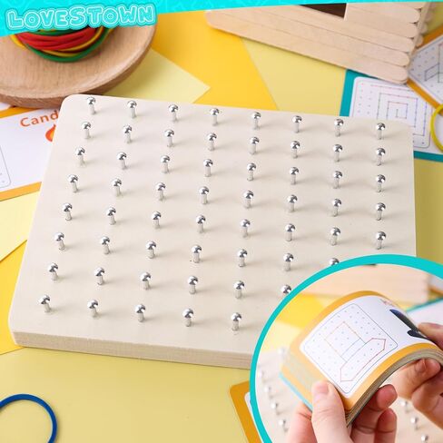 LovesTown Geoboard الخشبية، ألعاب مونتيسوري للأطفال لعبة تعليمية رسومية 9x9 لوحة جغرافية مع أربطة مطاطية دعابة الدماغ للأولاد والبنات in Kuwait