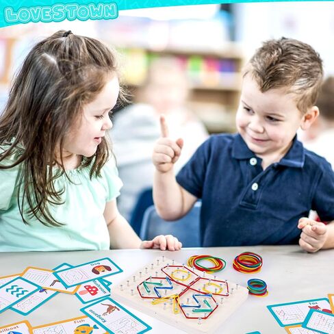 LovesTown Geoboard الخشبية، ألعاب مونتيسوري للأطفال لعبة تعليمية رسومية 9x9 لوحة جغرافية مع أربطة مطاطية دعابة الدماغ للأولاد والبنات in Kuwait
