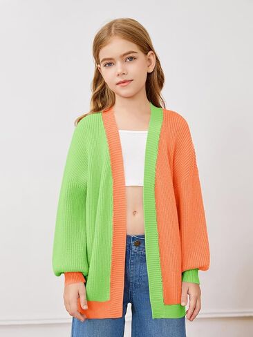 Haloumoning Girls Oversized Batwing Sleeve Cardigan Sweaters Kids Fashion Open Front Color Block Outerwear in Saudi Arabia