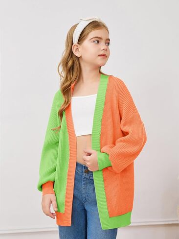 Haloumoning Girls Oversized Batwing Sleeve Cardigan Sweaters Kids Fashion Open Front Color Block Outerwear in Saudi Arabia