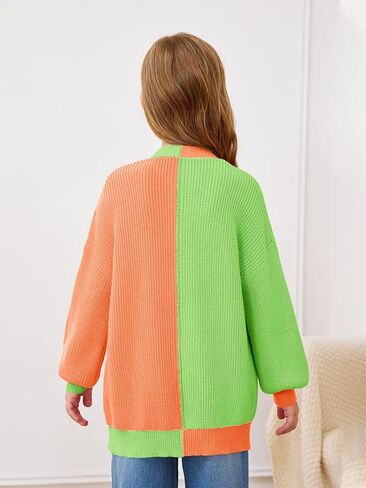 Haloumoning Girls Oversized Batwing Sleeve Cardigan Sweaters Kids Fashion Open Front Color Block Outerwear in Saudi Arabia
