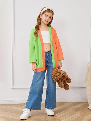Haloumoning Girls Oversized Batwing Sleeve Cardigan Sweaters Kids Fashion Open Front Color Block Outerwear in Saudi Arabia