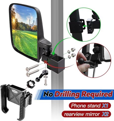 NOKINS مرايا الرؤية الخلفية الجانبية لعربة الجولف وحامل هاتف لعربة الجولف مناسب لسيارة النادي/EZGO TXT RXV/Yamaha وغيرها 0.75 بوصة/1 بوصة/1.25 بوصة مربعة، أنبوب قابل للتعديل 180 درجة مع مجموعة جديدة 2 في 1 in Kuwait