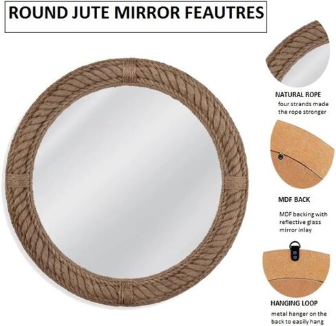 Premium Nautical Round Rope Mirror - Brwon Framed Full Length Wall Mirror for Makeup and Home Decor Modern Decorative for Bathroom, Living Room, Bedroom (18 Inch) in Saudi Arabia