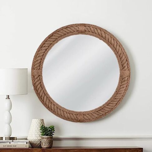 Premium Nautical Round Rope Mirror - Brwon Framed Full Length Wall Mirror for Makeup and Home Decor Modern Decorative for Bathroom, Living Room, Bedroom (18 Inch) in Saudi Arabia
