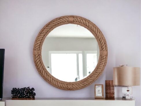Premium Nautical Round Rope Mirror - Brwon Framed Full Length Wall Mirror for Makeup and Home Decor Modern Decorative for Bathroom, Living Room, Bedroom (18 Inch) in Saudi Arabia