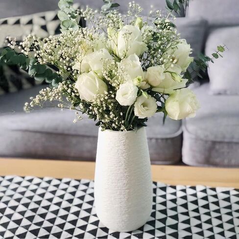 White Ceramic Vase, Flowers Vase in Rustic Texture Design for Home Office Decor, Simple Nordic Style Table Vase for Pampas Grass - 10 Inch Tall, 3-1/2 Inch Opening in Saudi Arabia