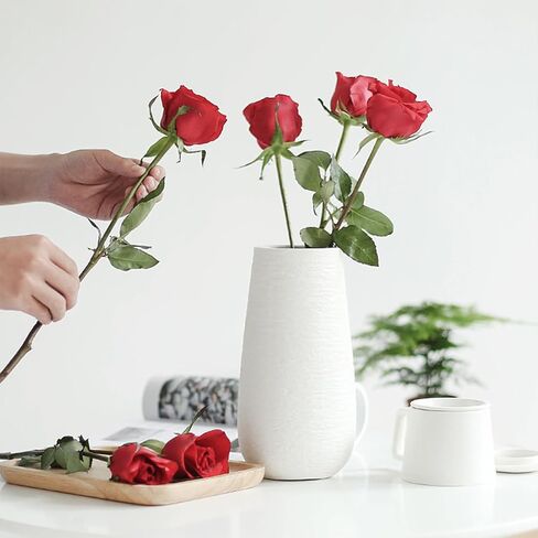 White Ceramic Vase, Flowers Vase in Rustic Texture Design for Home Office Decor, Simple Nordic Style Table Vase for Pampas Grass - 10 Inch Tall, 3-1/2 Inch Opening in Saudi Arabia