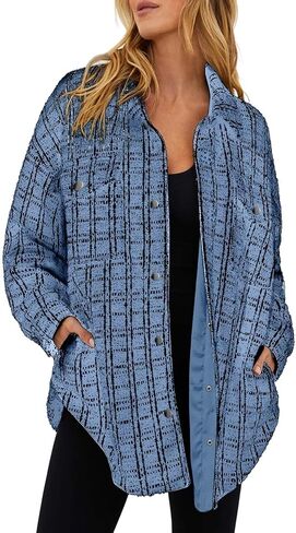 SHEWIN Women 2024 Long Sleeve Button Down Shackets Fashion Plaid Pocket Shirts Jacket in Saudi Arabia