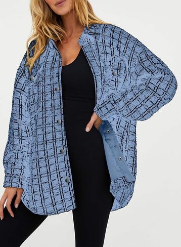 SHEWIN Women 2024 Long Sleeve Button Down Shackets Fashion Plaid Pocket Shirts Jacket in Saudi Arabia