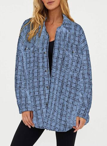 SHEWIN Women 2024 Long Sleeve Button Down Shackets Fashion Plaid Pocket Shirts Jacket in Saudi Arabia