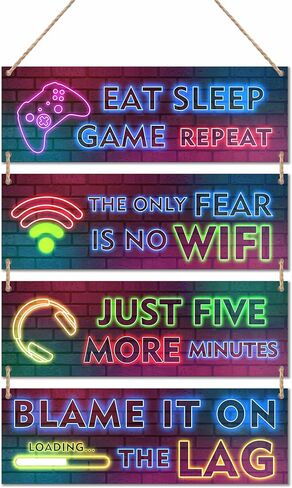 4 Pieces Neon Gaming Wood Sign Wall Decor, Video Game Wall Art Gamer Hanging Plaques For Playroom, Boys, Teenagers, Kids Bedroom Decorations - C03 in Saudi Arabia