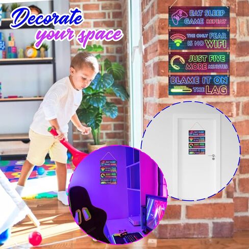 4 Pieces Neon Gaming Wood Sign Wall Decor, Video Game Wall Art Gamer Hanging Plaques For Playroom, Boys, Teenagers, Kids Bedroom Decorations - C03 in Saudi Arabia