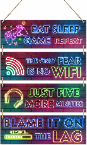 4 Pieces Neon Gaming Wood Sign Wall Decor, Video Game Wall Art Gamer Hanging Plaques For Playroom, Boys, Teenagers, Kids Bedroom Decorations - C03 in Saudi Arabia