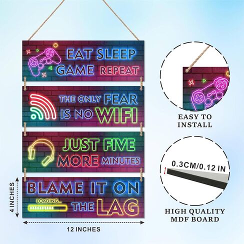4 Pieces Neon Gaming Wood Sign Wall Decor, Video Game Wall Art Gamer Hanging Plaques For Playroom, Boys, Teenagers, Kids Bedroom Decorations - C03 in Saudi Arabia