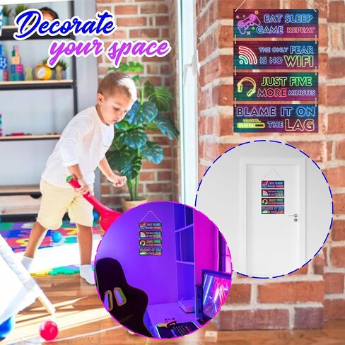 4 Pieces Neon Gaming Wood Sign Wall Decor, Video Game Wall Art Gamer Hanging Plaques For Playroom, Boys, Teenagers, Kids Bedroom Decorations - C03 in Saudi Arabia