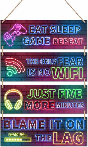 4 Pieces Neon Gaming Wood Sign Wall Decor, Video Game Wall Art Gamer Hanging Plaques For Playroom, Boys, Teenagers, Kids Bedroom Decorations - C03 in Saudi Arabia